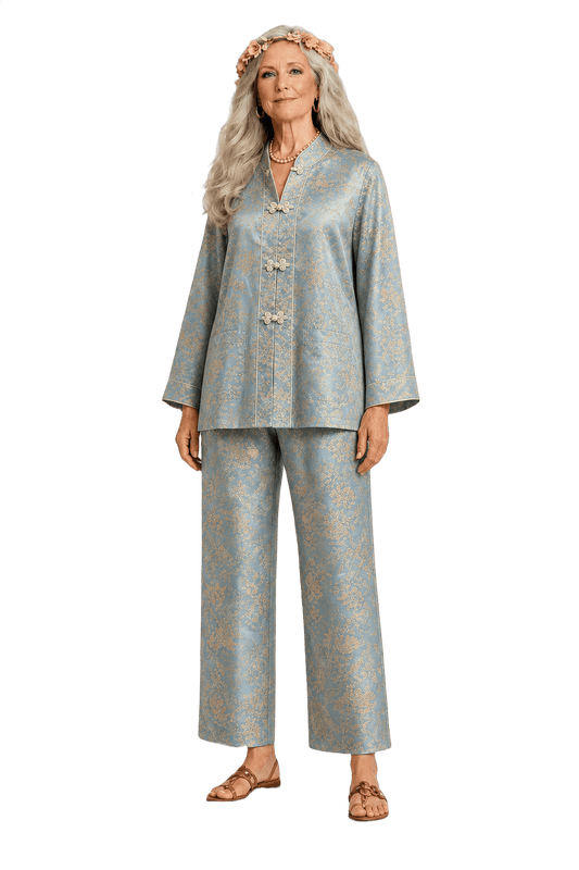 1970s Light Blue Silk Brocade Jacket and Pants Set - Model