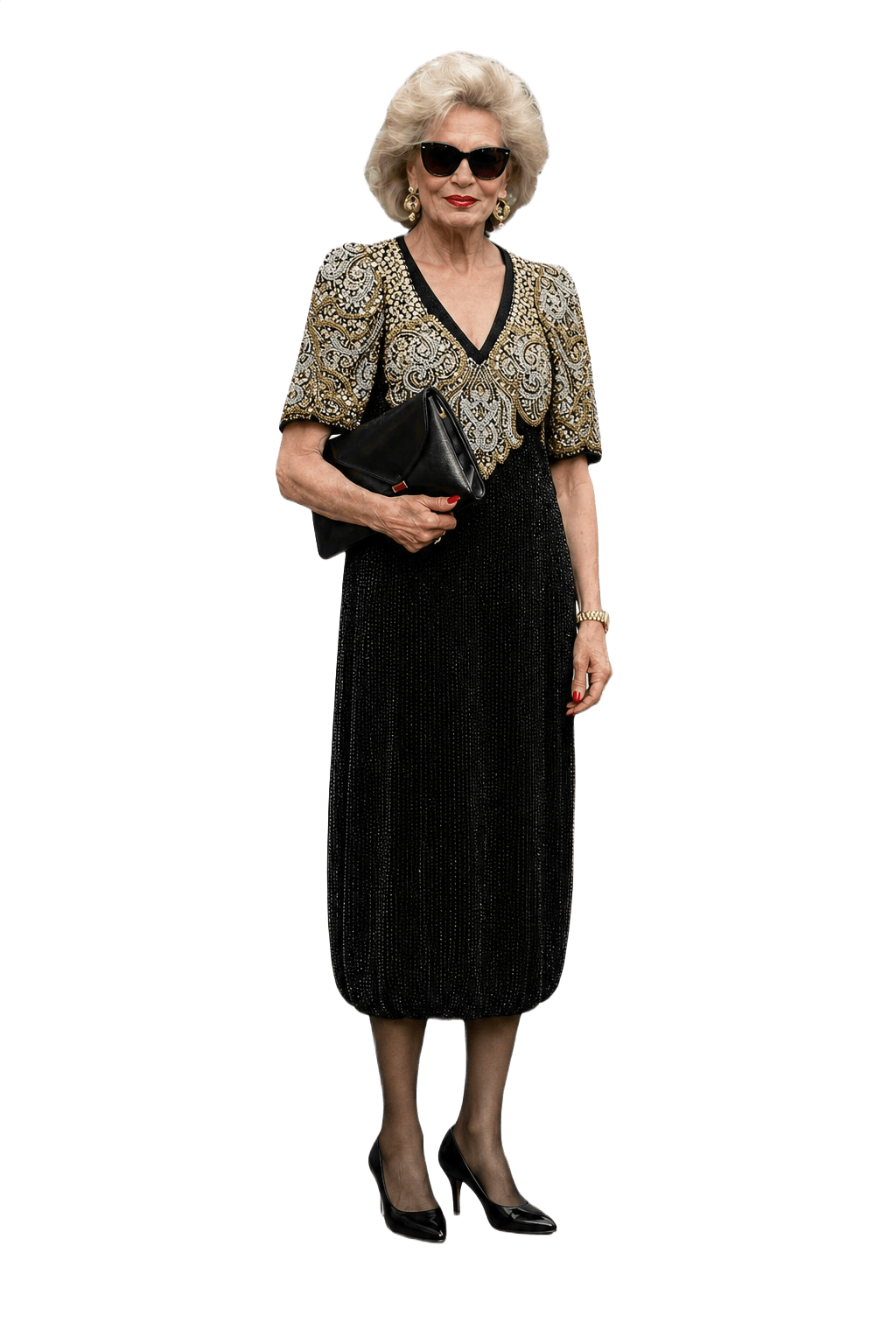 1980s Black Polyester Midi Dress - Model