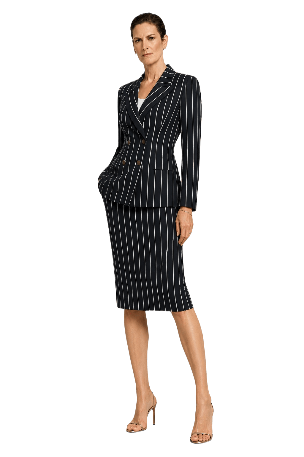1990s Black and White Synthetic Blend Skirt Suit - Model