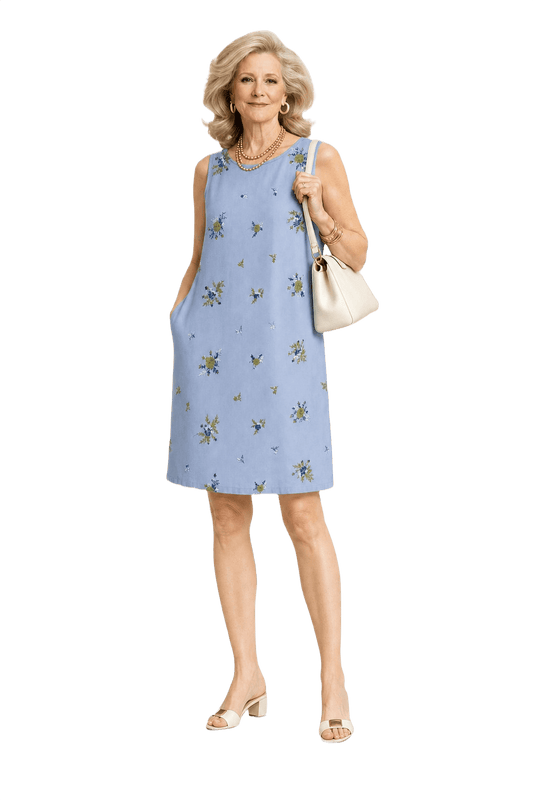 1970s Light Blue Cotton Blend Shift Dress - Model