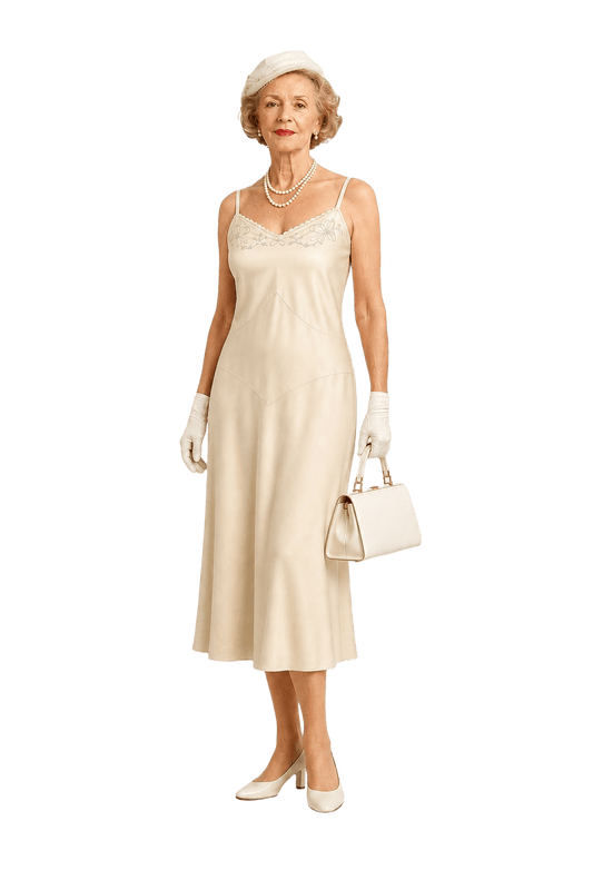 1950s Cream Satin Slip Dress - Model