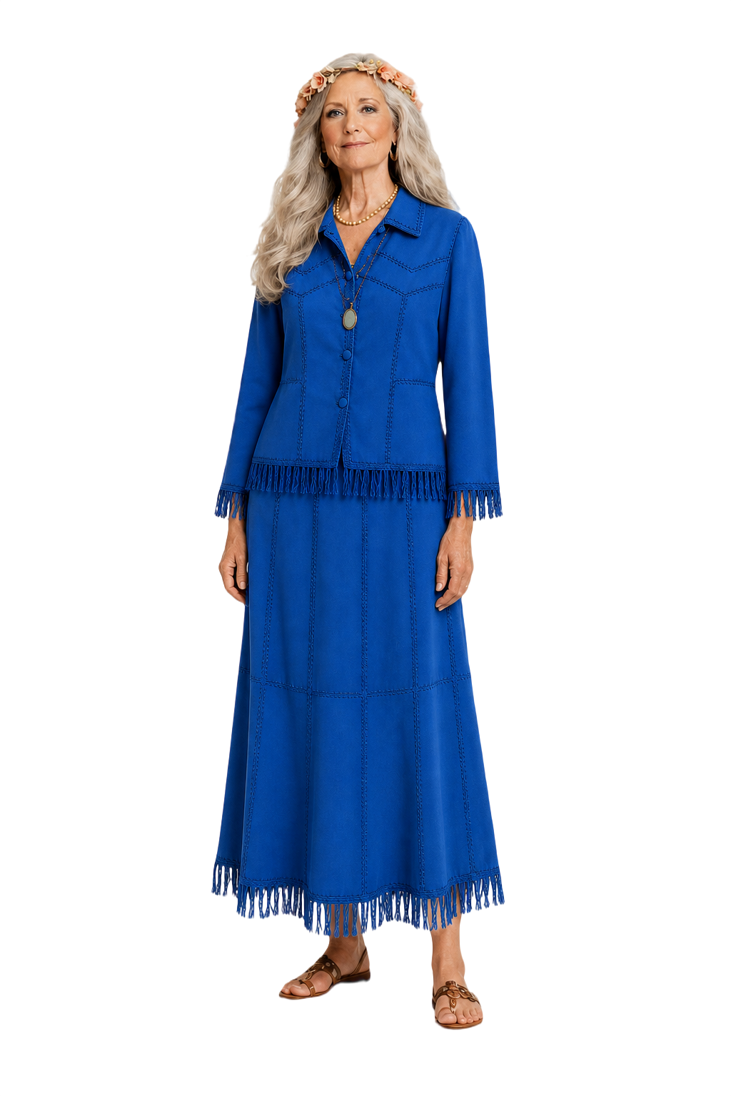 1970s Royal Blue Cotton Blouse and Skirt Set - Model
