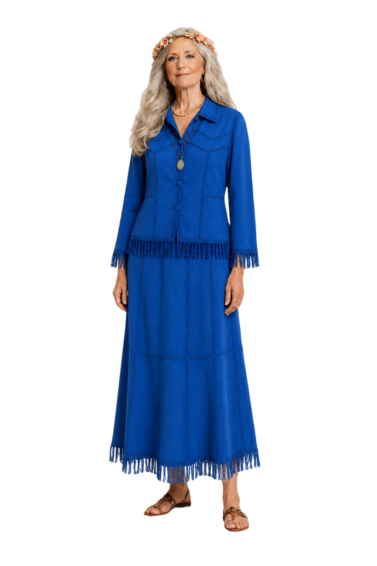 1970s Royal Blue Cotton Blouse and Skirt Set - Model
