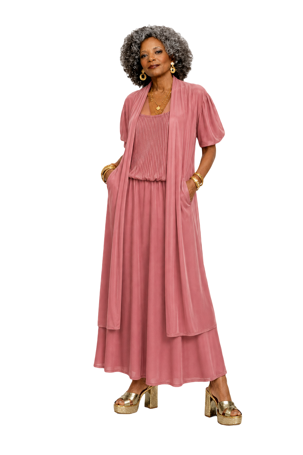 1980s Dusty Rose Pink Polyester Dress - Model