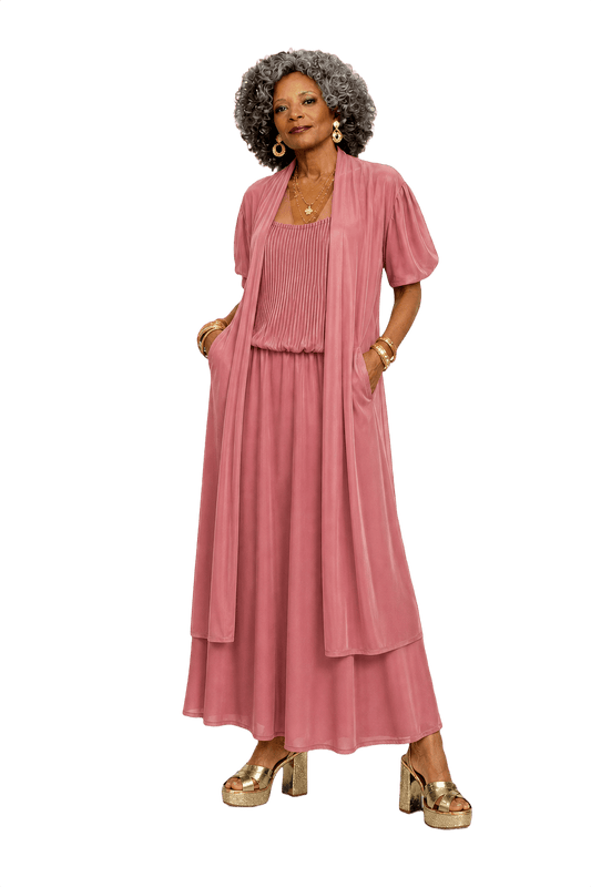 1980s Dusty Rose Pink Polyester Dress - Model