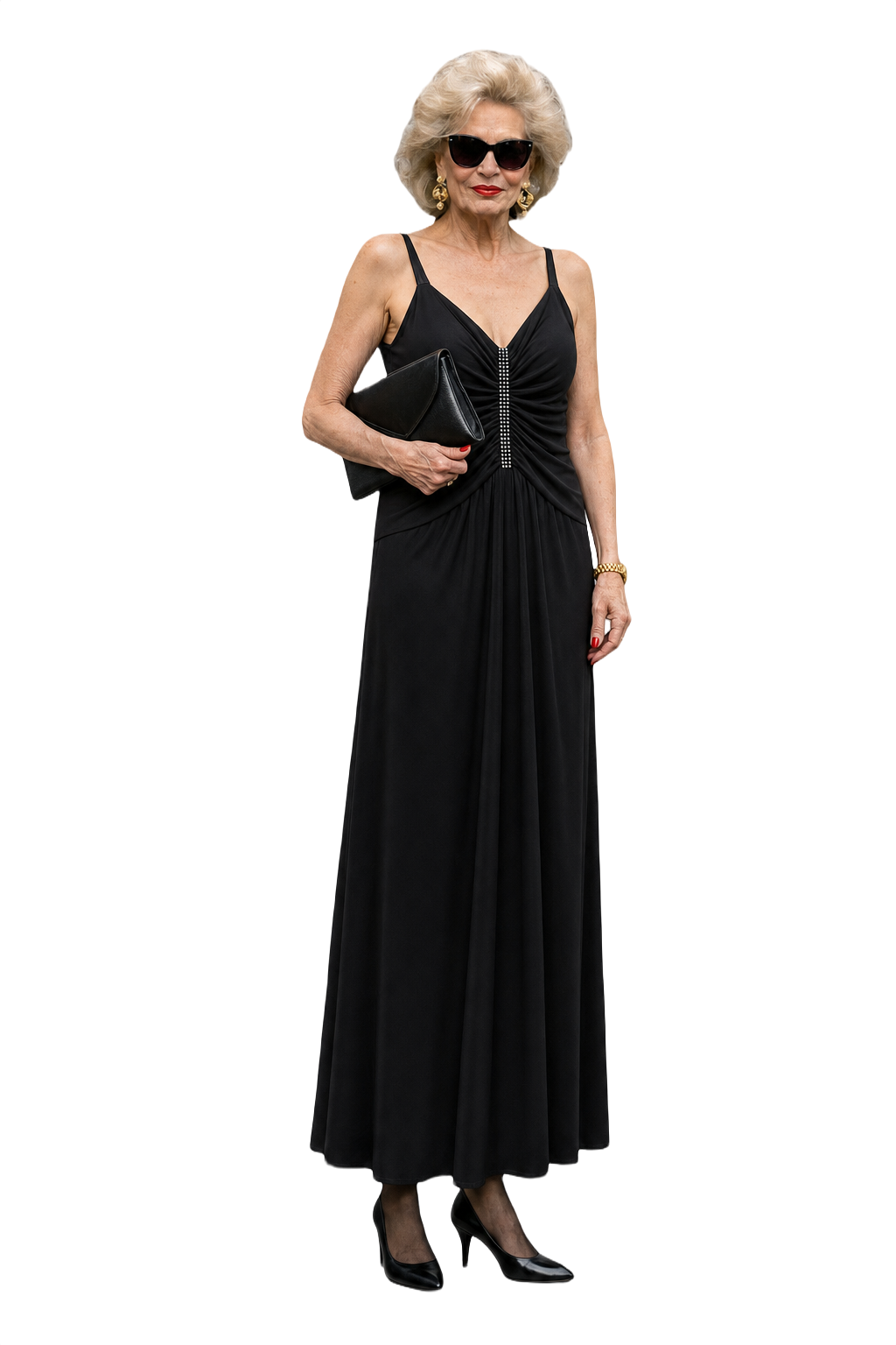 1980s Black Polyester Maxi Dress - Model