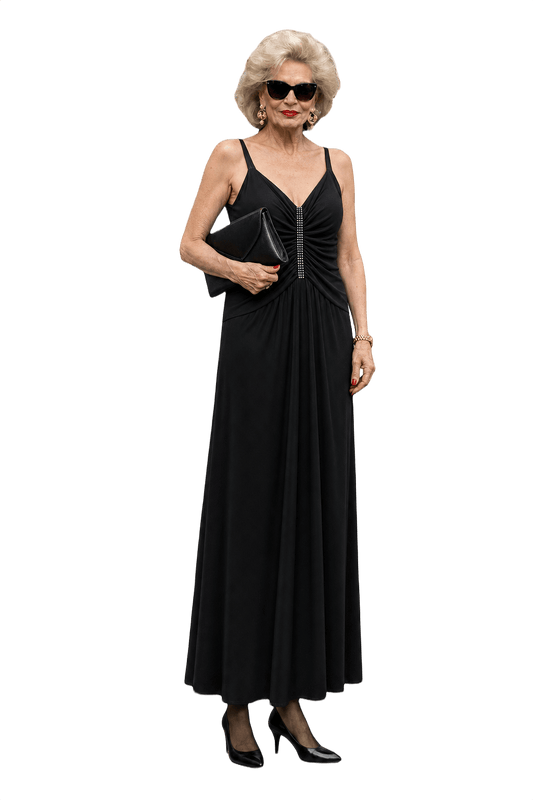 1980s Black Polyester Maxi Dress - Model