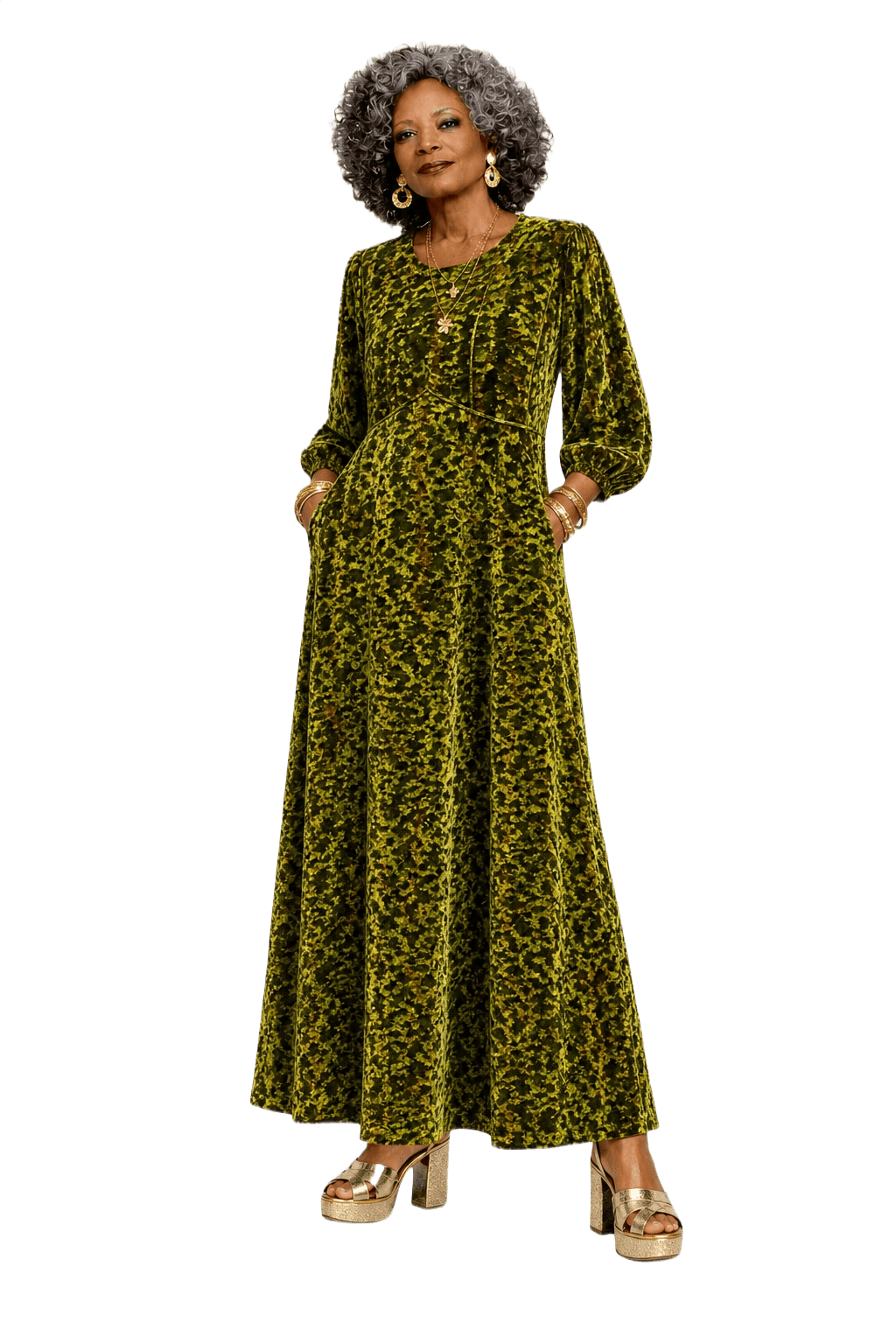 1980s Green Velour Maxi Dress - Model