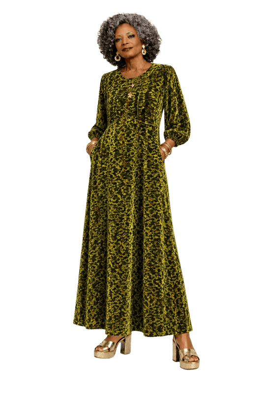 1980s Green Velour Maxi Dress - Model