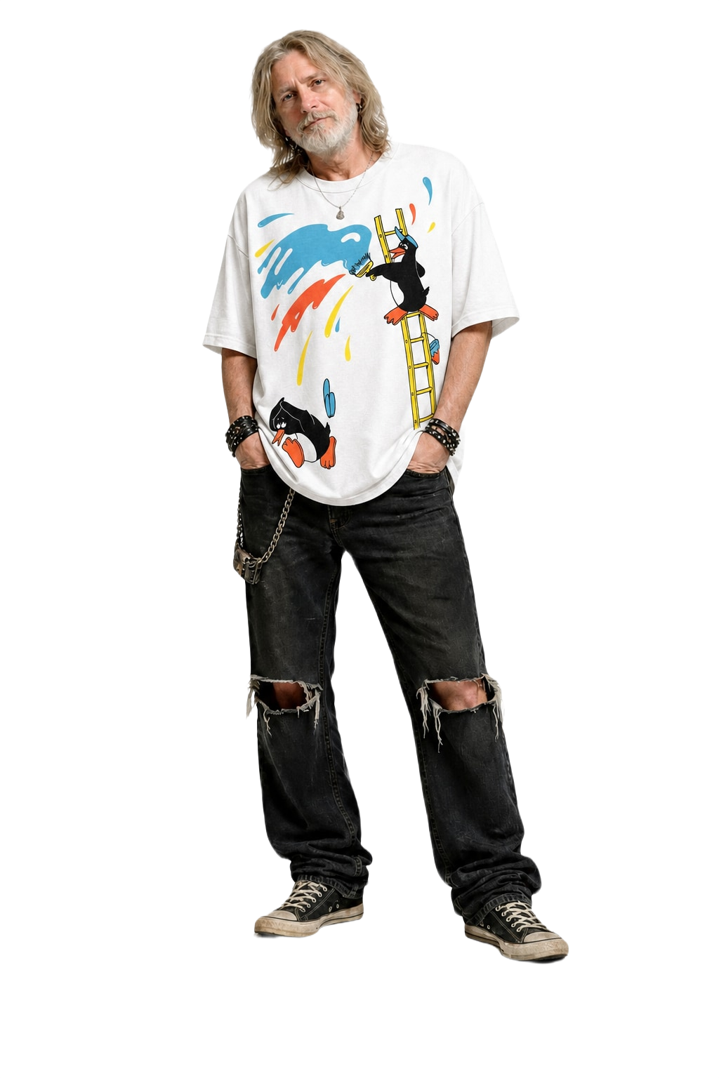 1990s White Cotton Graphic Print T-shirt - Model