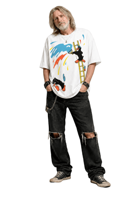 1990s White Cotton Graphic Print T-shirt - Model