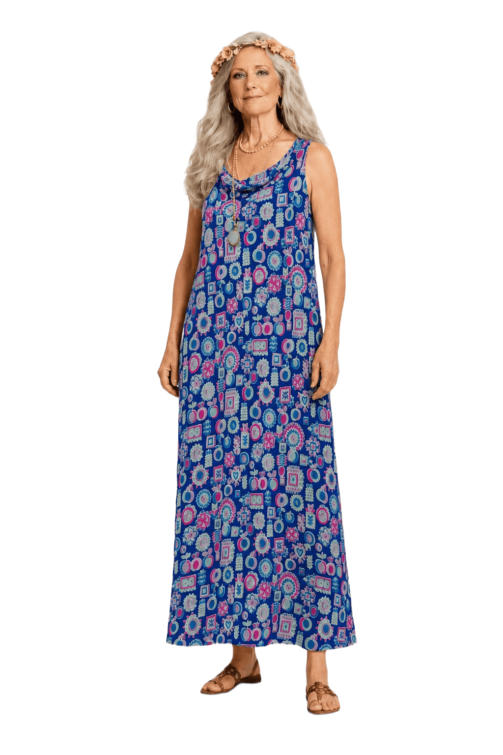 1970s Blue Polyester Maxi Dress - Model