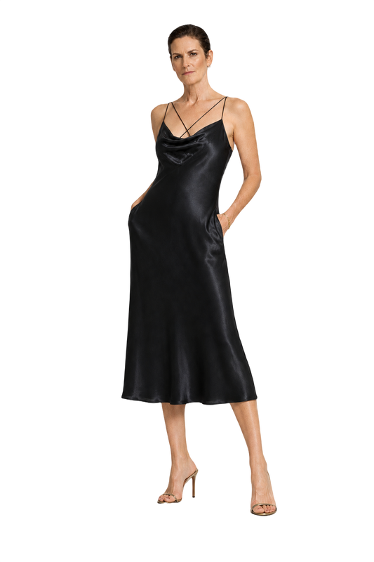 1990s Black Satin Slip Dress - Model