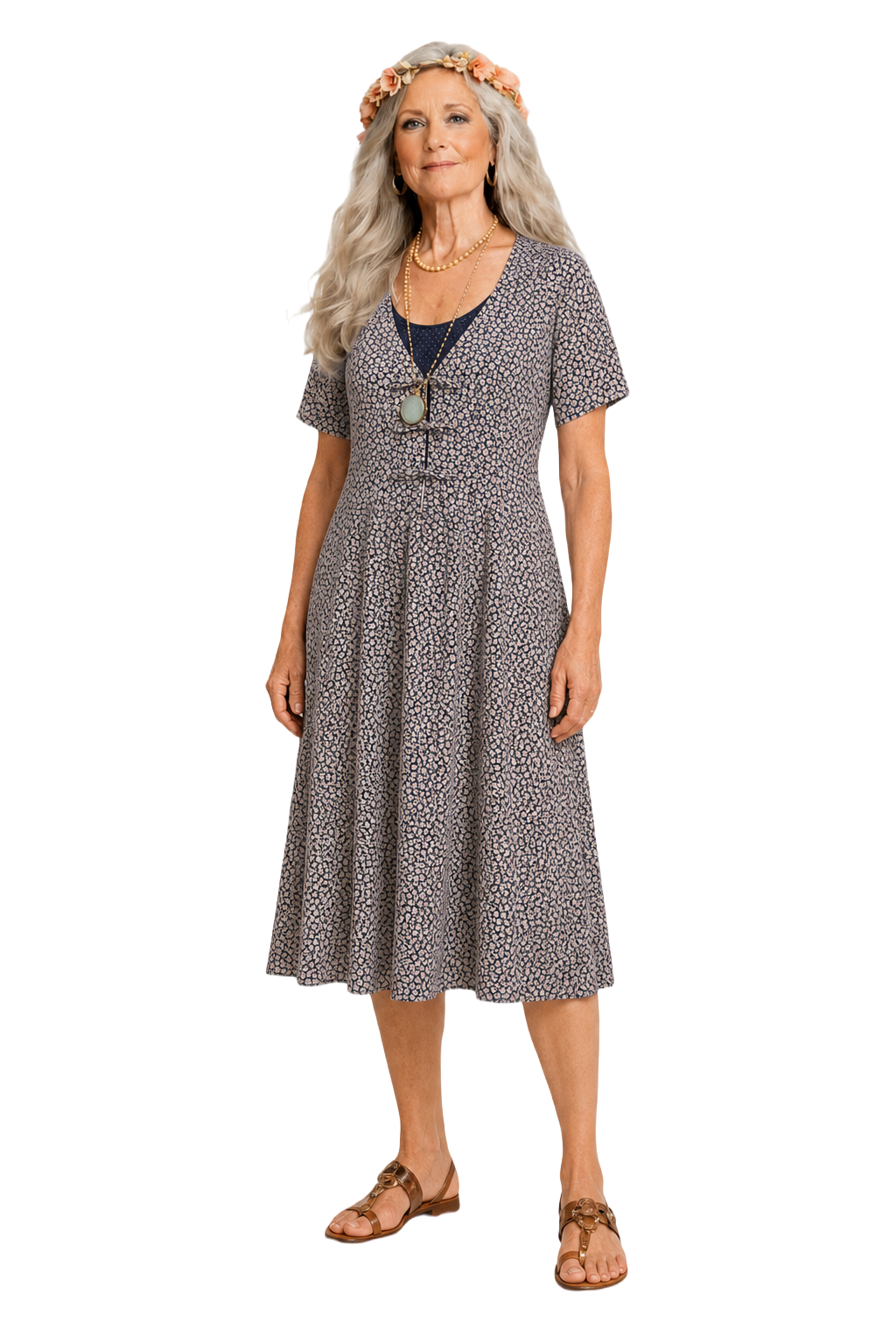 1970s Navy Blue Cotton Blend Dress - Model