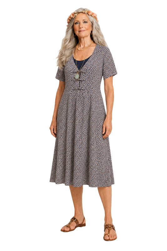 1970s Navy Blue Cotton Blend Dress - Model