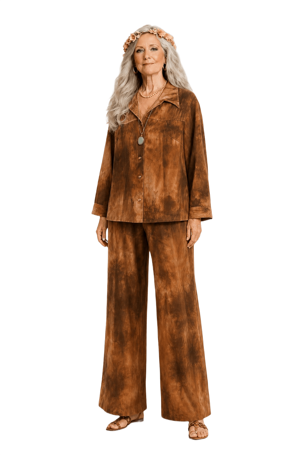 1970s Brown Tie-Dye Cotton Ensemble - Model