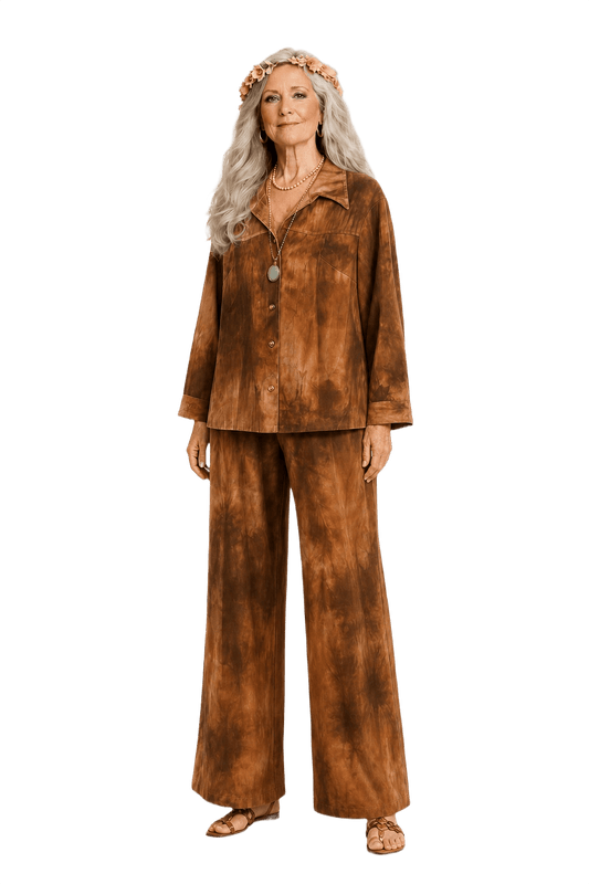 1970s Brown Tie-Dye Cotton Ensemble - Model