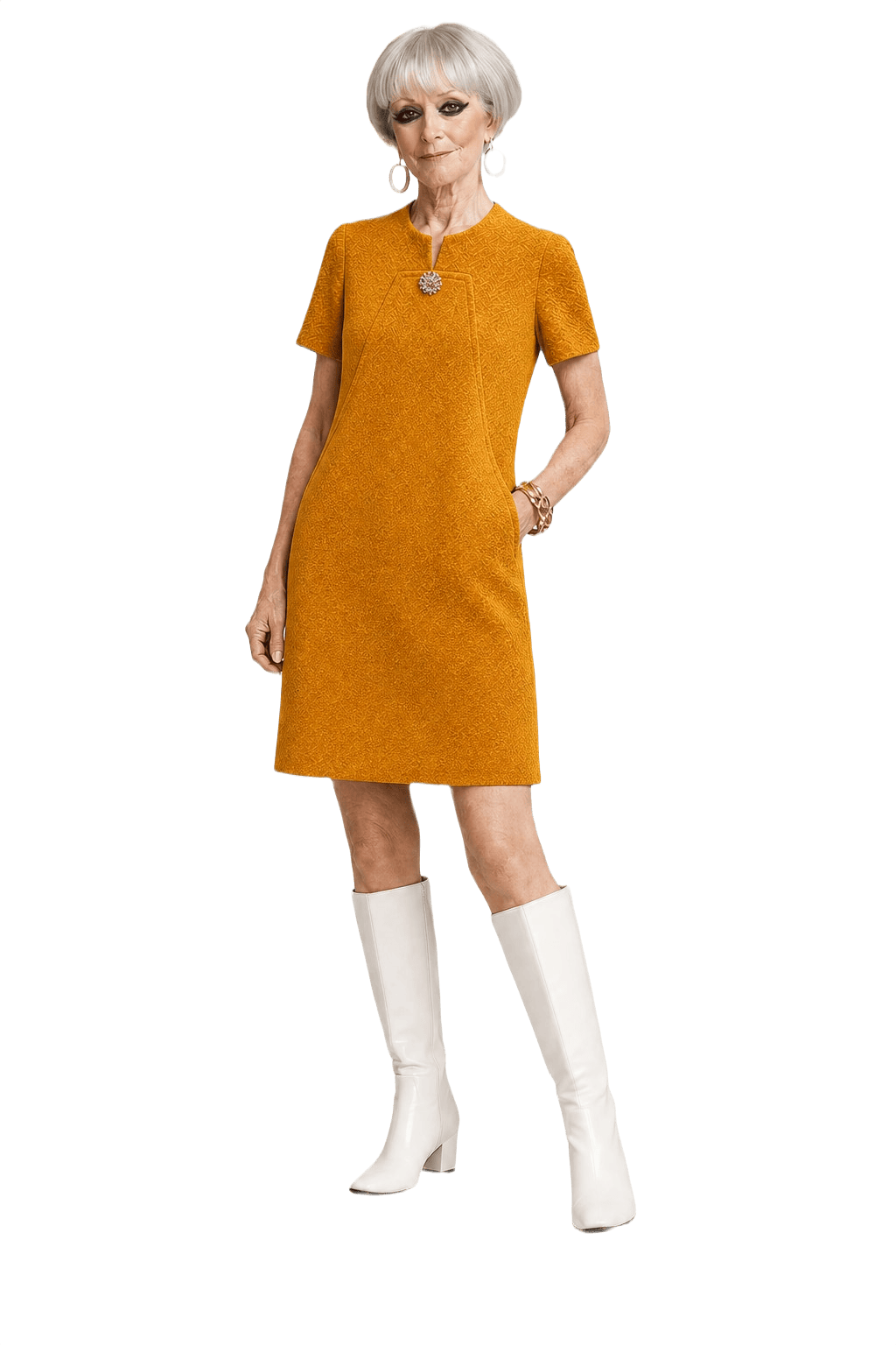 1960s Mustard Yellow Wool Blend Shift Dress - Model