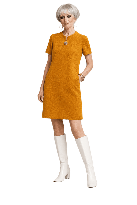 1960s Mustard Yellow Wool Blend Shift Dress - Model