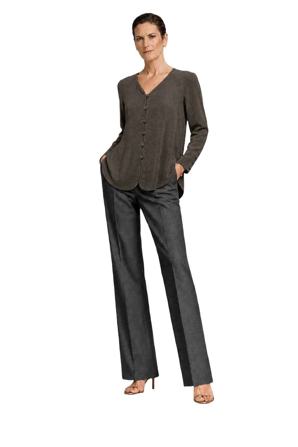 1990s Dark Olive Silk Blouse - Model