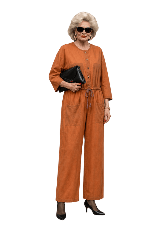1980s Tan Polyester Jumpsuit - Model