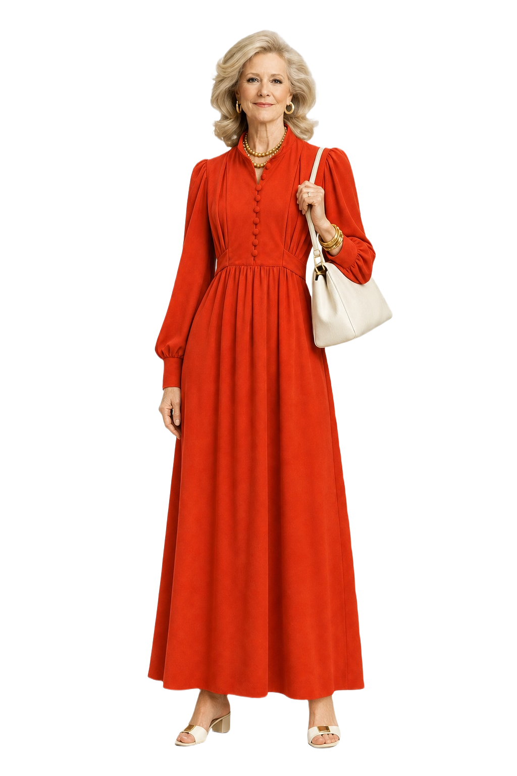 1970s Red-Orange Synthetic Blend Maxi Dress - Model