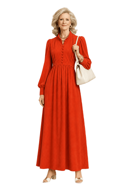 1970s Red-Orange Synthetic Blend Maxi Dress - Model