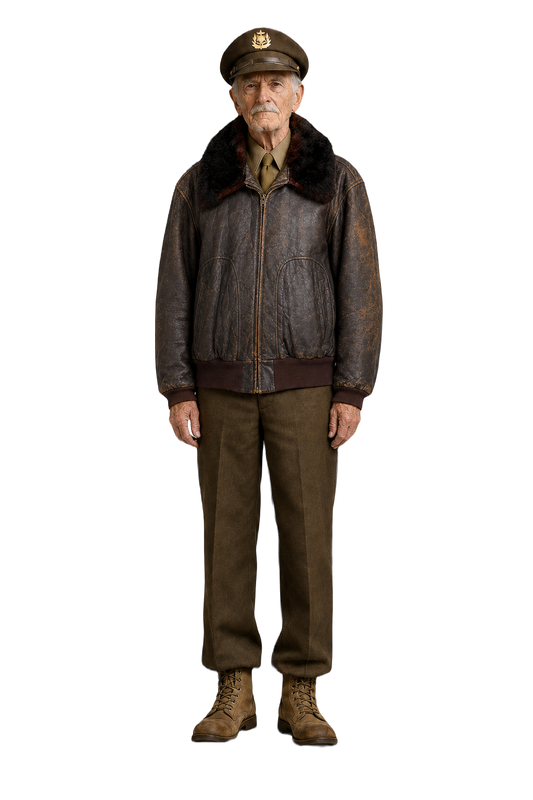 1940s Brown Leather Bomber Jacket - Model