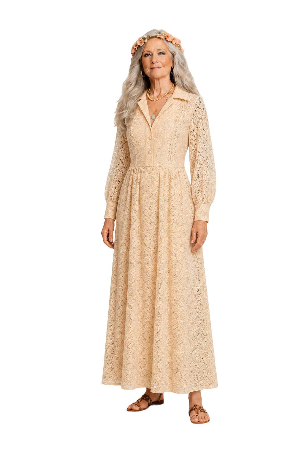 1970s Cream Lace Maxi Dress - Model