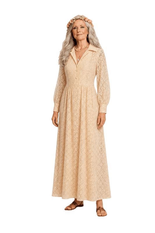 1970s Cream Lace Maxi Dress - Model