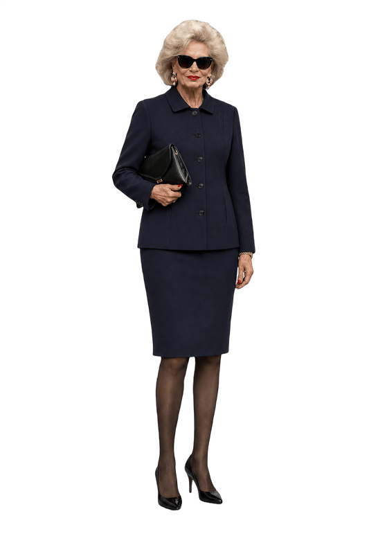 1980s Navy Blue Wool Blend Blazer & Skirt Set - Model
