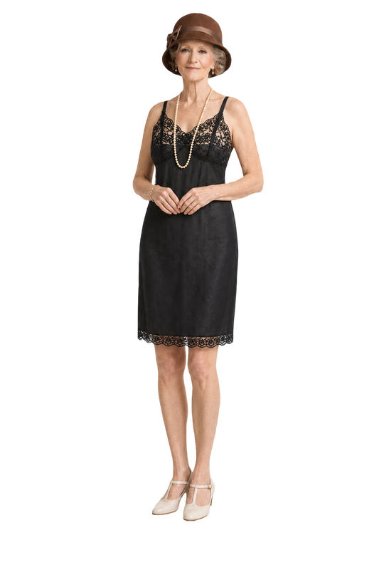 1920s Black Polyester Slip Dress - Model
