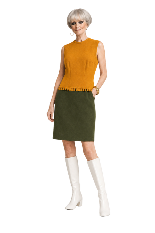 1960s Mustard Yellow Wool Shift Dress - Model