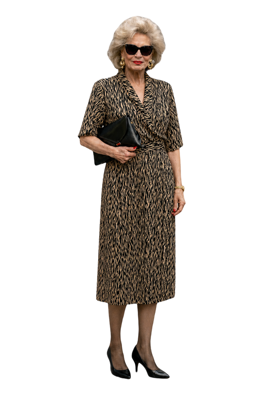 1980s Black and Beige Polyester Dress - Model