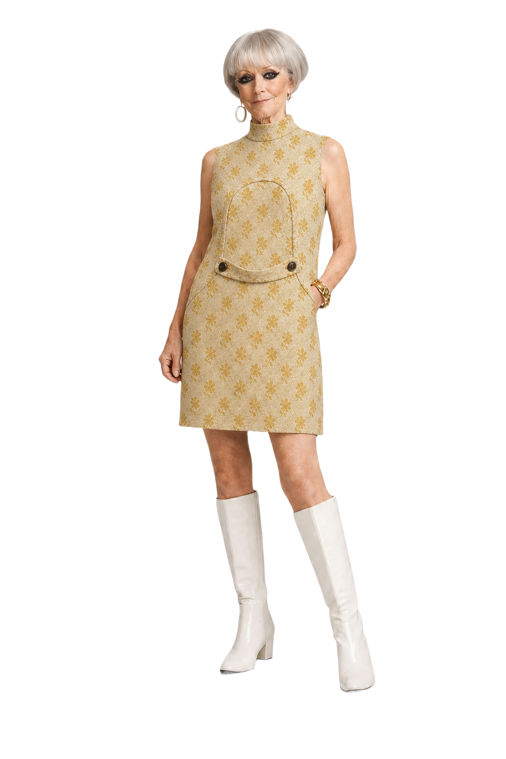1960s Yellow Synthetic Blend Shift Dress - Model