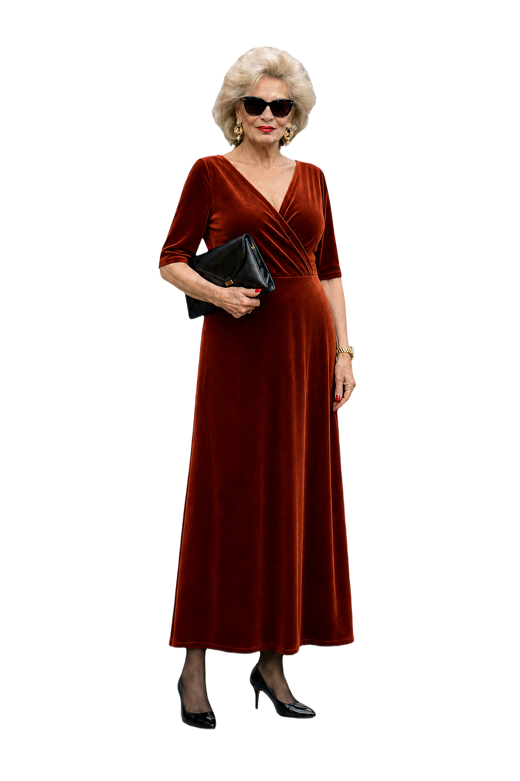1980s Rust Velvet Maxi Dress - Model