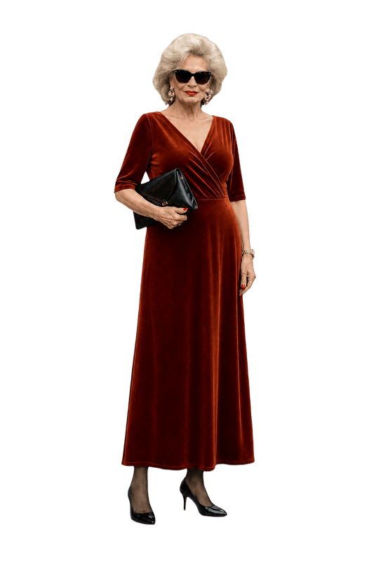 1980s Rust Velvet Maxi Dress - Model