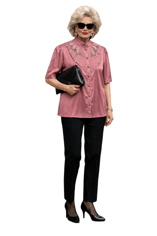 1980s Dusty Rose Pink Polyester Blend Blouse - Model