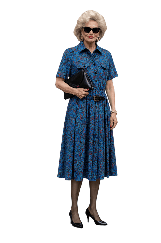 1980s Blue Paisley Print Dress - Model