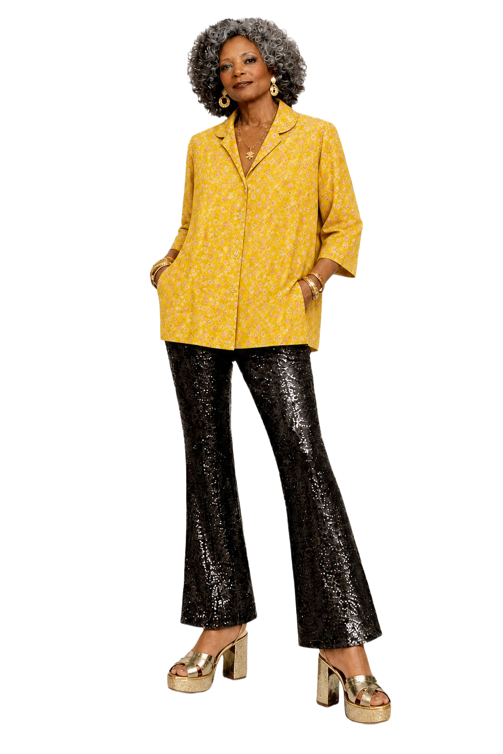 1980s Yellow Polyester Blouse - Model