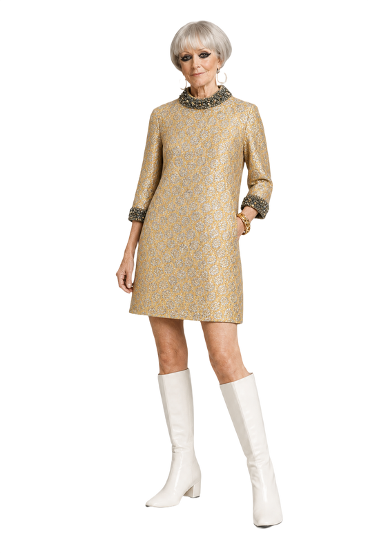 1960s Gold Brocade Shift Dress - Model