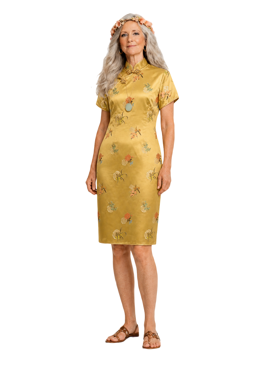 1970s Gold Silk Cheongsam - Model