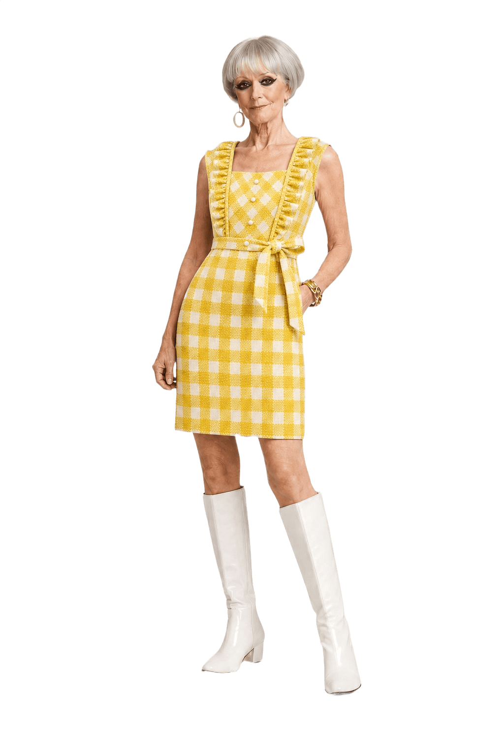 1960s Yellow Synthetic Blend Shift Dress - Model