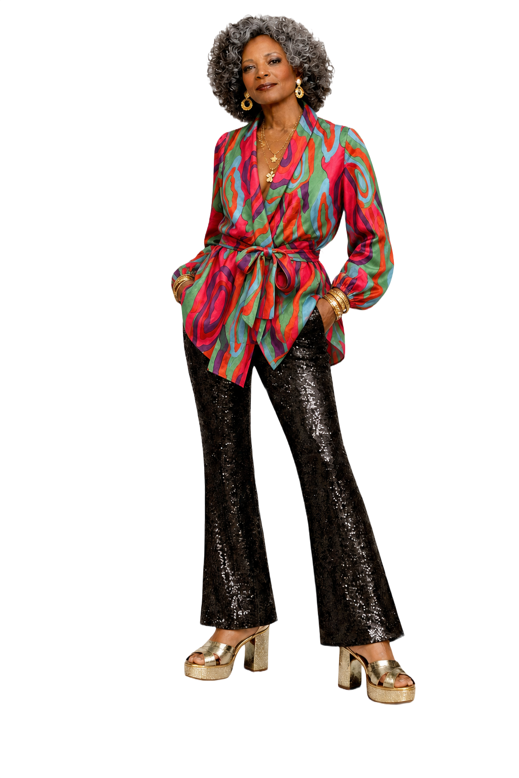1980s Multicolor Synthetic Blend Wrap Top - Model