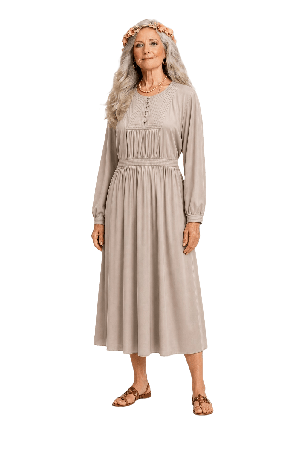 1970s Cream Polyester Blend Midi Dress - Model