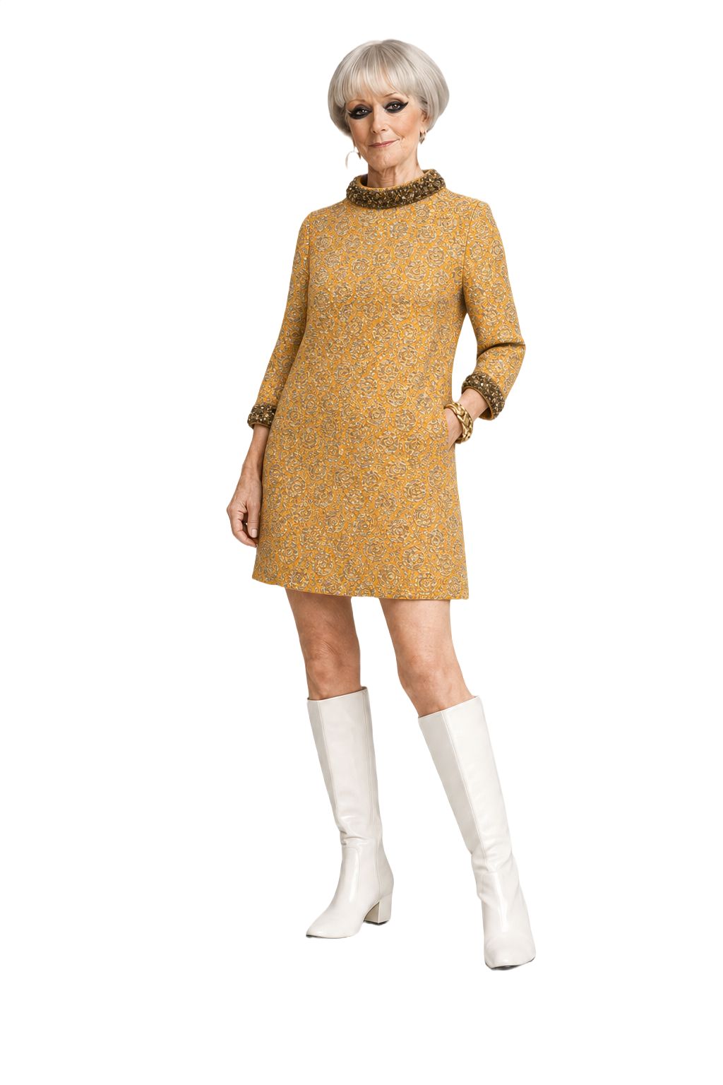 1960s Gold Silk Blend Shift Dress - Model