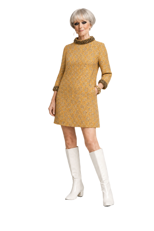 1960s Gold Silk Blend Shift Dress - Model