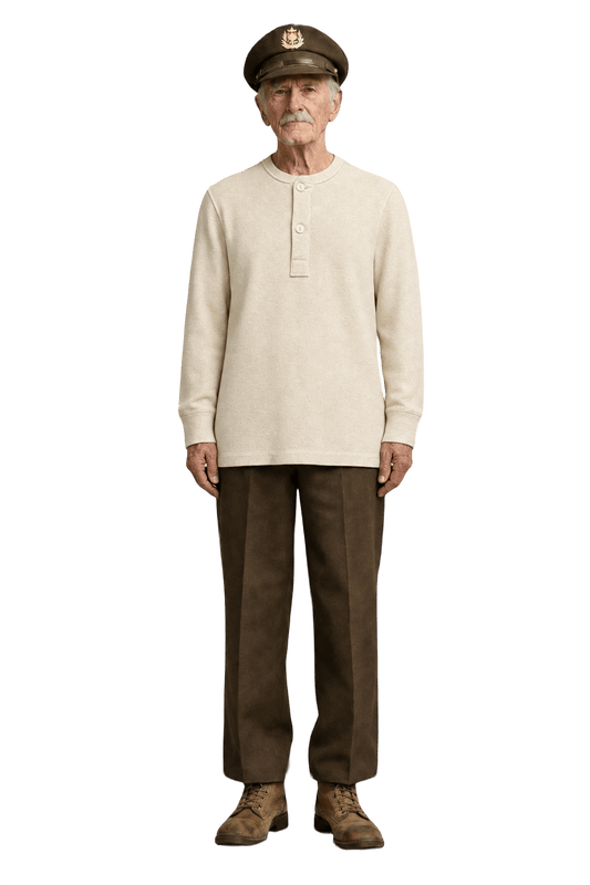 1940s Cream White Cotton Blend Long Sleeve Shirt - Model
