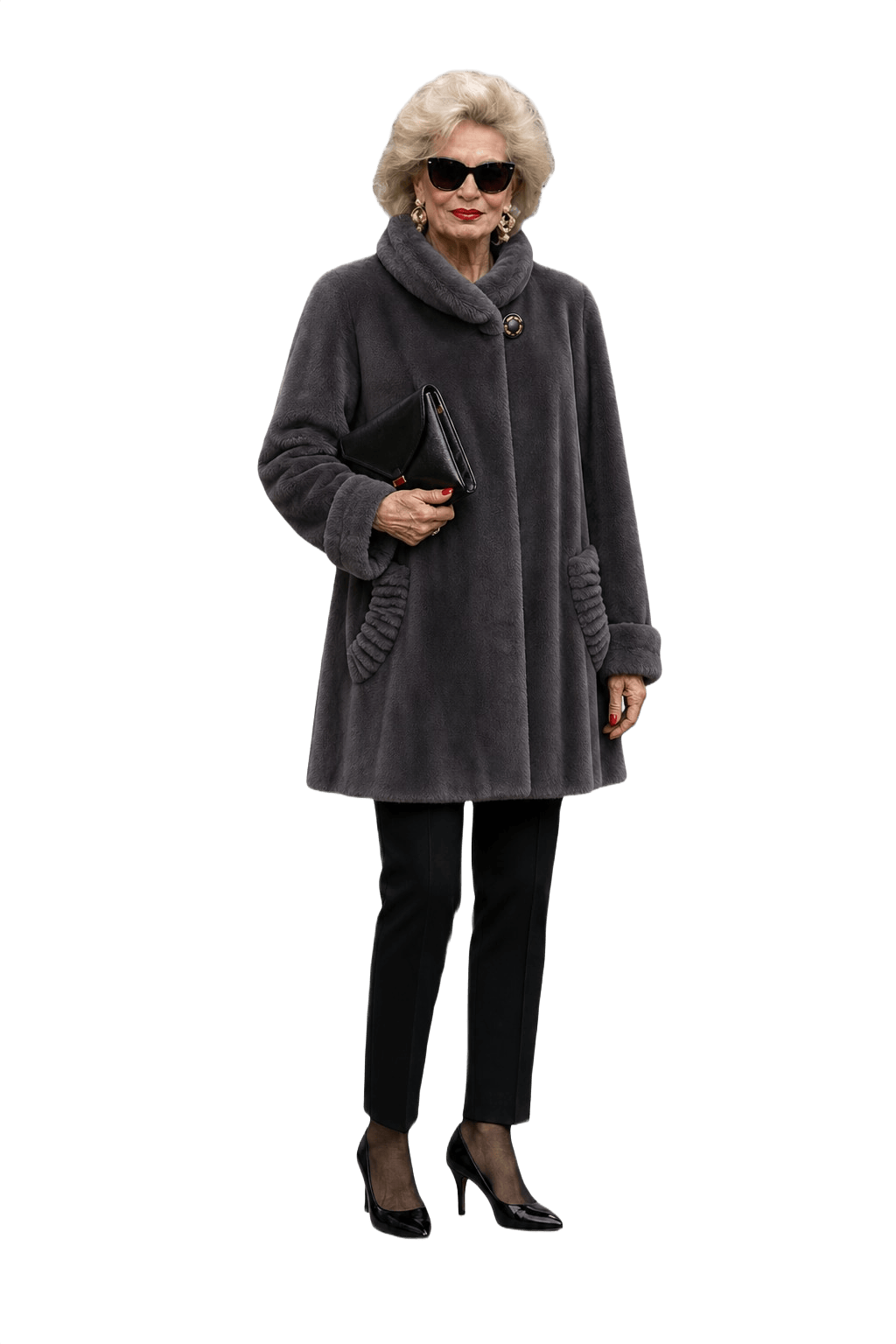 1980s Charcoal Grey Faux Fur Coat - Model