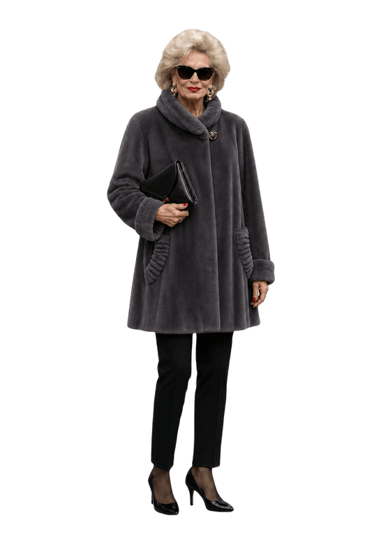1980s Charcoal Grey Faux Fur Coat - Model